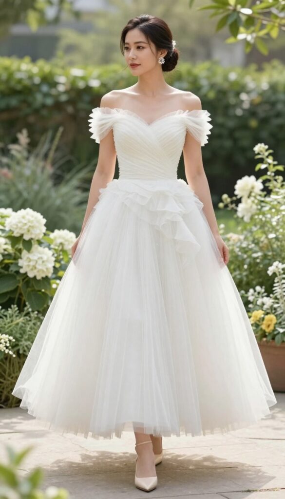 Bride in off-shoulder ruffled tulle ball gown standing in a garden, low bun and statement earrings, soft natural lighting.