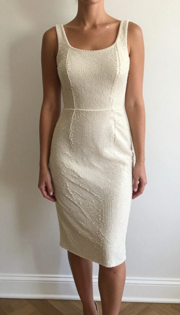 Woman in knee-length pearl wedding dress with glittery makeup and minimal jewelry at evening reception