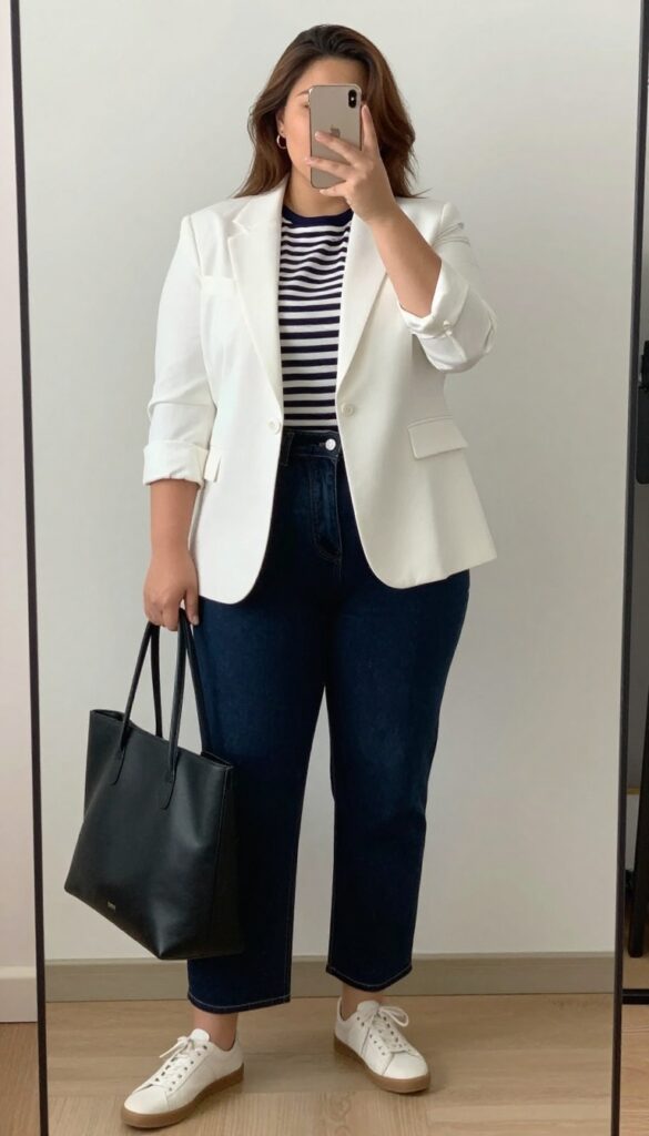 A woman in dark wash jeans, a striped tee, and a white blazer stands in a bright room, holding a coffee cup.