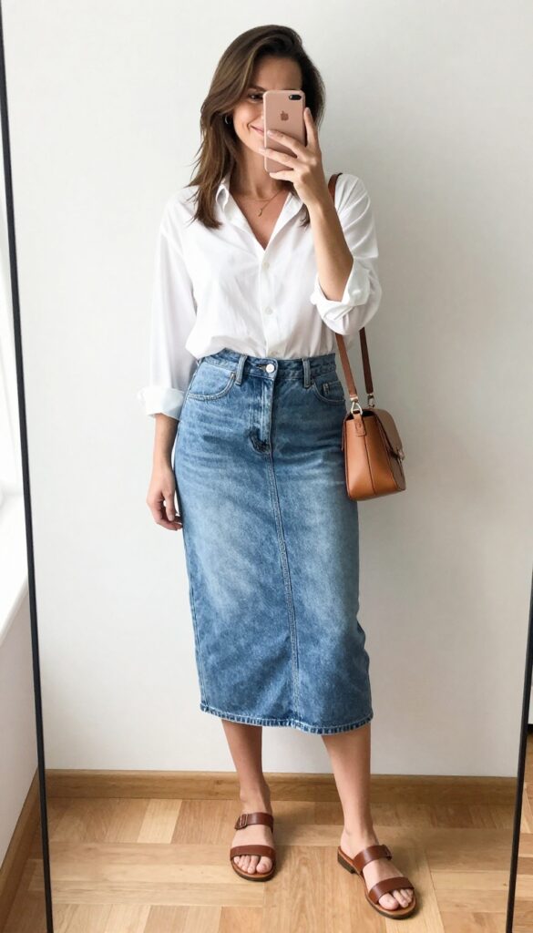 Woman in denim skirt and white blouse taking mirror selfie, midsize, casual summer outfit, date night style.