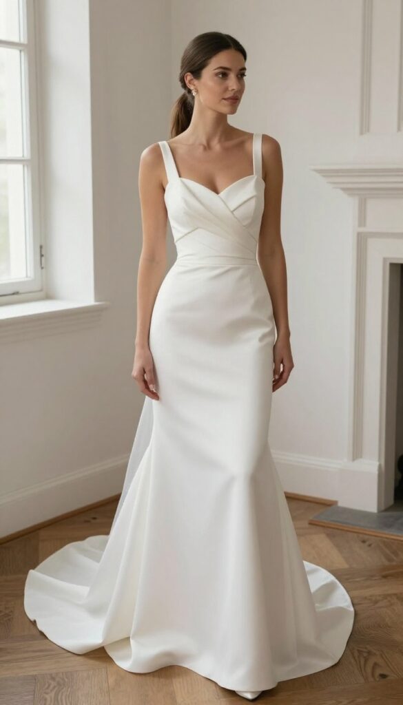 Adult woman in fitted mikado wedding dress with dramatic back bow, sleek ponytail, gold stud earrings, church interior.