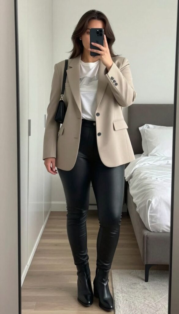 Woman in blazer, graphic tee, and leather leggings taking mirror selfie
