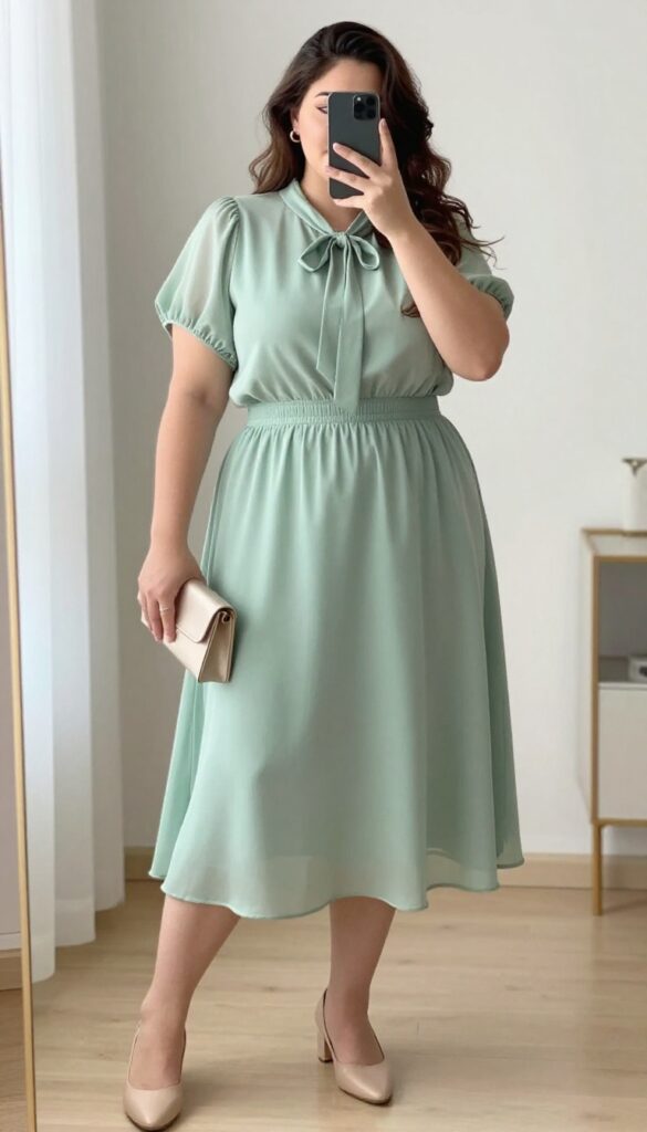 Plus-size woman in a lightweight blouse and flowy midi skirt, taking a mirror selfie with block heels and a clutch bag, soft glam makeup and loose waves, bright natural light, realistic and wearable dinner party outfit.