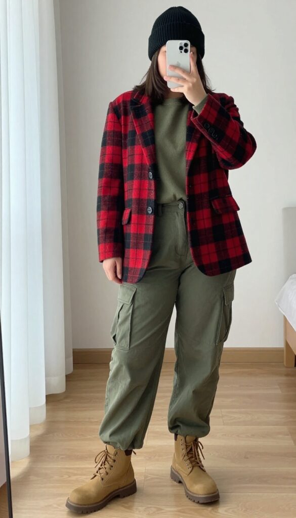 Woman in plaid blazer, solid sweater, cargo pants, chunky boots, and beanie taking a mirror selfie in bedroom.