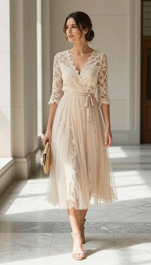 Woman in champagne tulle wrap dress with lace sleeves, nude sandals, woven clutch, low bun, standing in courthouse hallway