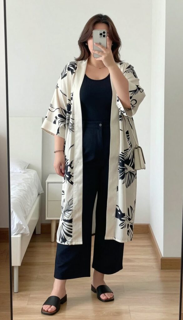 Plus-size woman in cropped wide-leg pants, shell top, and floral kimono, standing in a bright office setting.