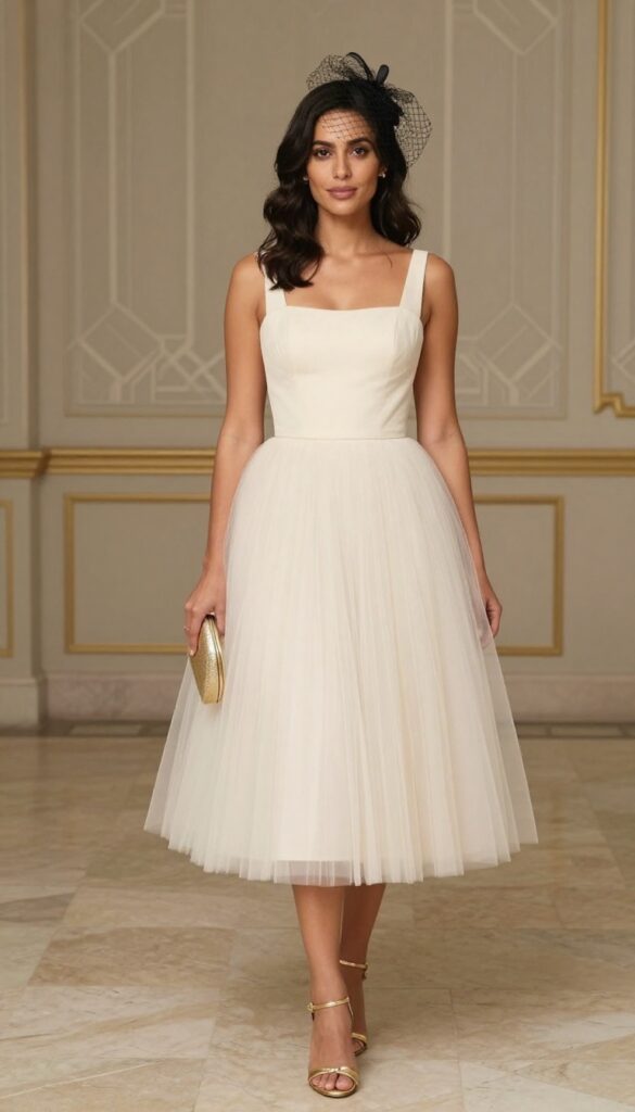 Woman in cream tea-length dress with birdcage veil and gold heels in art deco ballroom