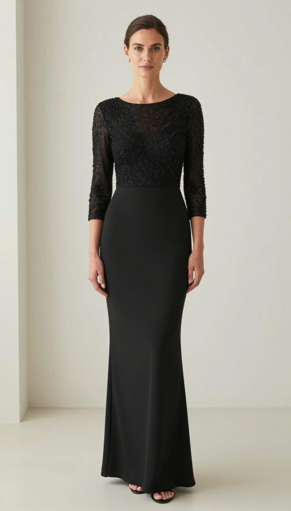 Woman in beaded black wedding dress with fairy lights