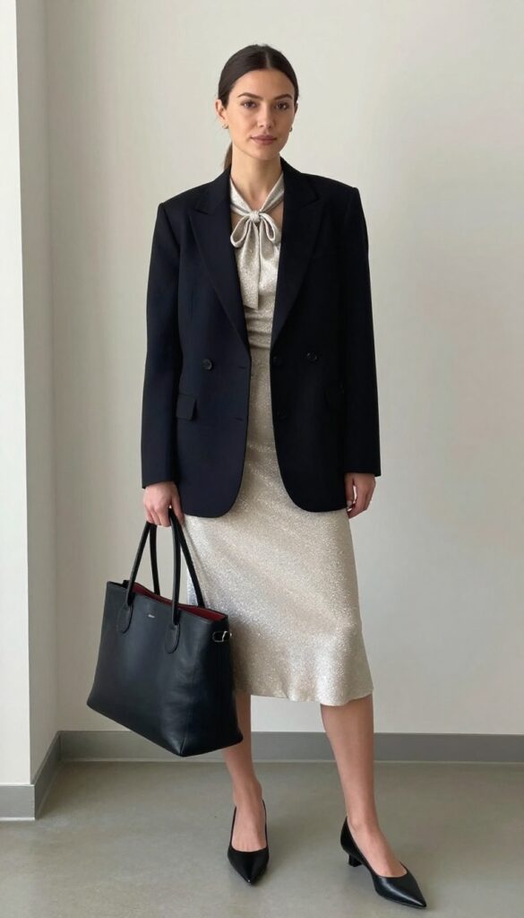 Woman in sparkly midi dress with bow neckline, black blazer, and pointed flats standing in office hallway.
