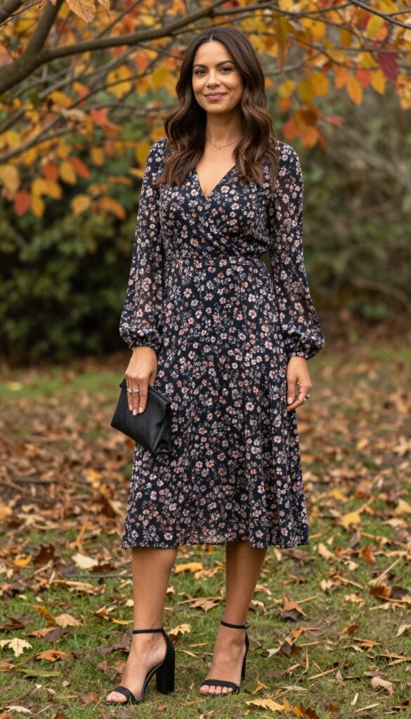 Woman in dark floral midi dress with block heels and clutch in autumn garden