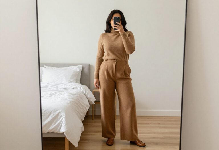 Woman in camel cashmere turtleneck and wide-leg trousers taking a mirror selfie in bedroom