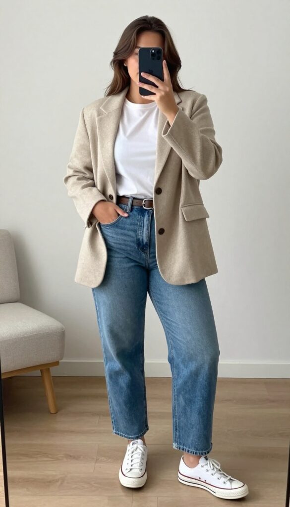 Woman in oversized knit blazer, white tee, straight-leg jeans, and white Converse taking a mirror selfie in bedroom.