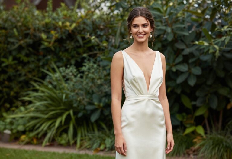 Woman in low back satin wedding dress with pearl earrings in garden