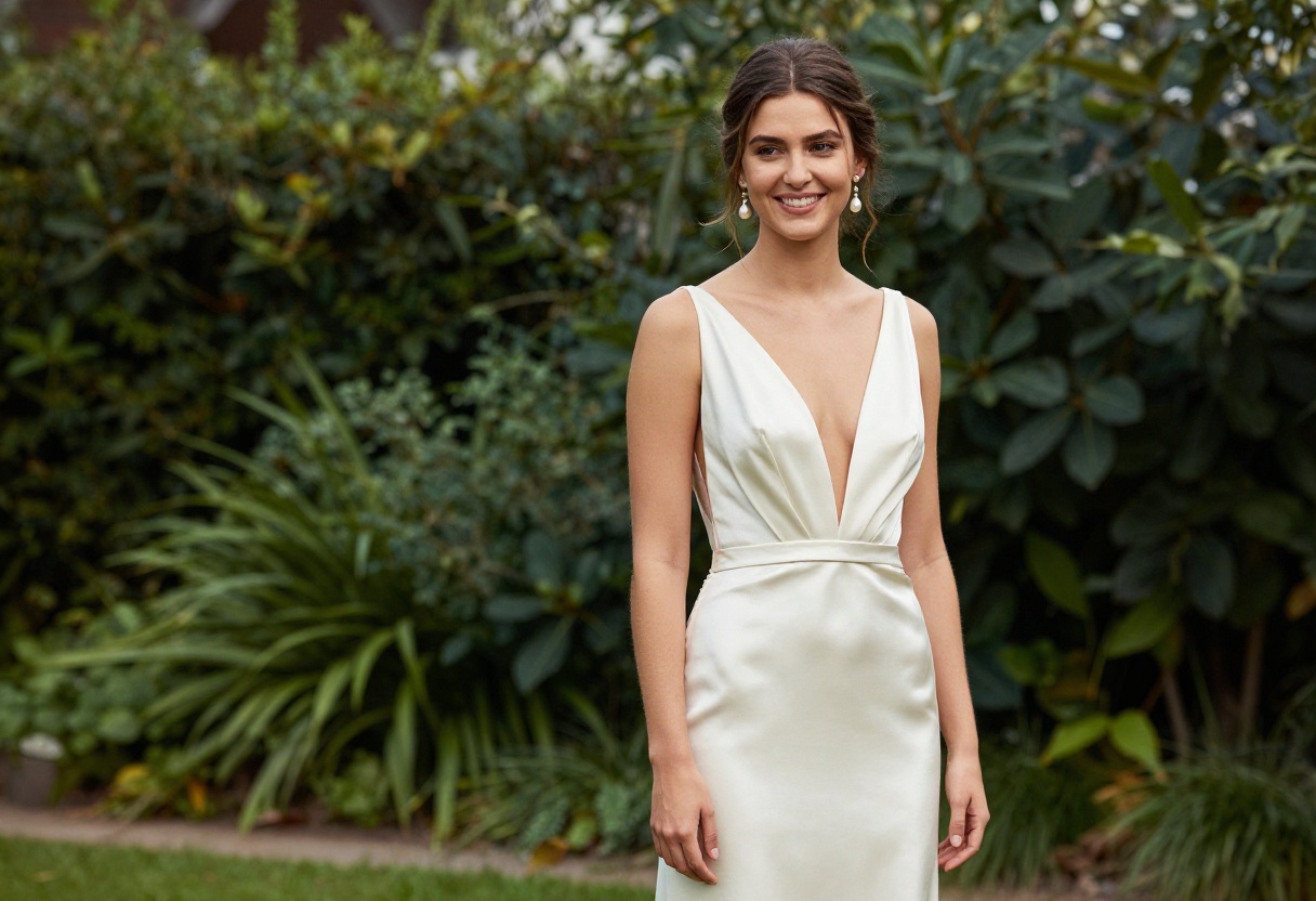Woman in low back satin wedding dress with pearl earrings in garden