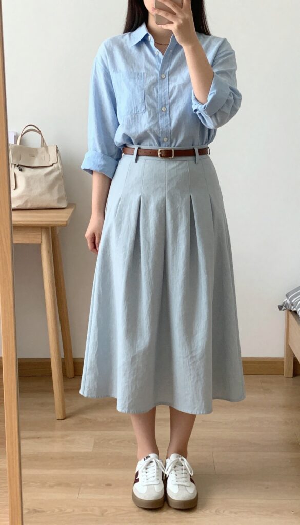 A woman in a relaxed button-down shirt and pleated midi skirt with white sneakers, carrying a canvas tote, in a bright office setting.