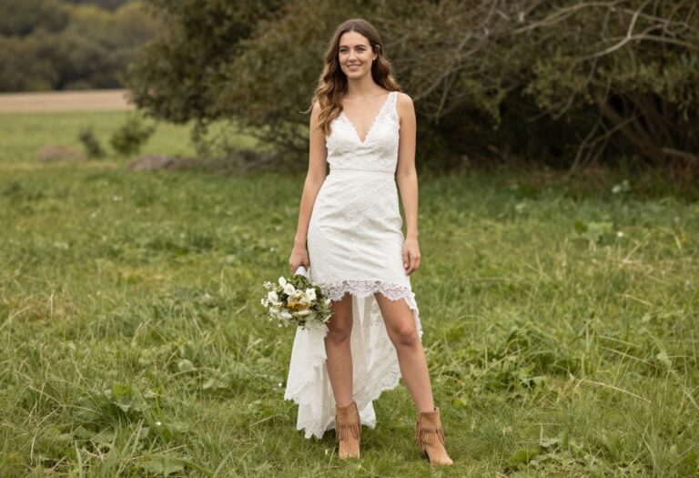 Woman in open back lace wedding dress with suede fringe boho boots in meadow