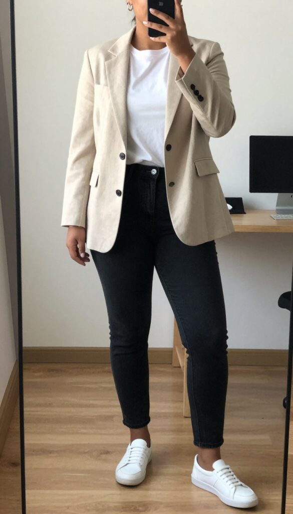 Woman in blazer, black jeans, and white tee, taking a mirror selfie in bedroom, phone partially covering face.