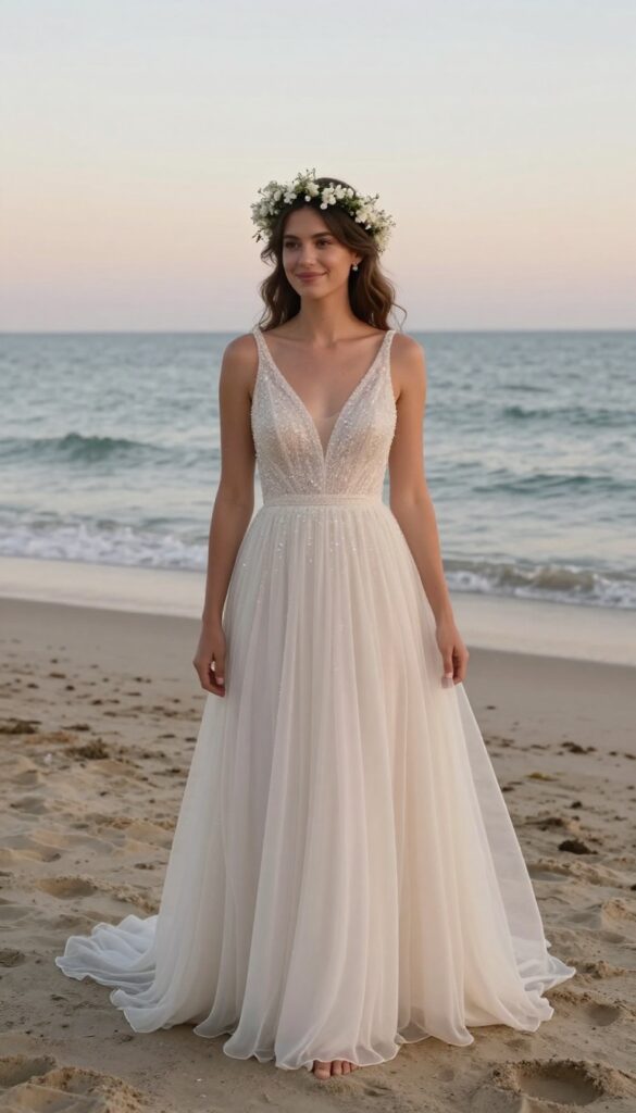 Woman in glittery empire waist wedding dress with flowing chiffon skirt, barefoot on beach at sunset, flower crown, pearl studs, natural lighting.