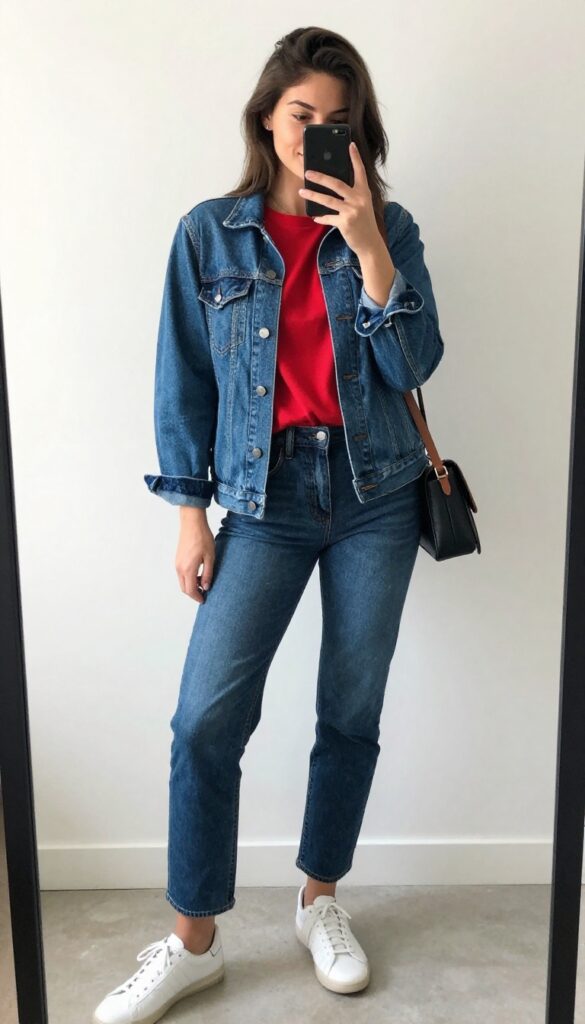 A woman in a red shirt under a blue denim jacket, jeans, and sneakers takes a mirror selfie in a bright room.