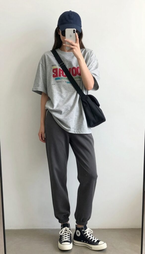 Woman in oversized graphic tee and slim sweatpants taking a mirror selfie, showcasing a casual summer streetwear outfit.