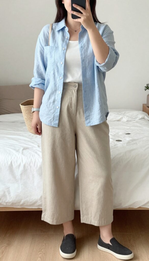 A woman in a pastel linen button-down and wide-leg culottes, wearing slip-on sneakers and carrying a straw tote, posing in a bright office setting.