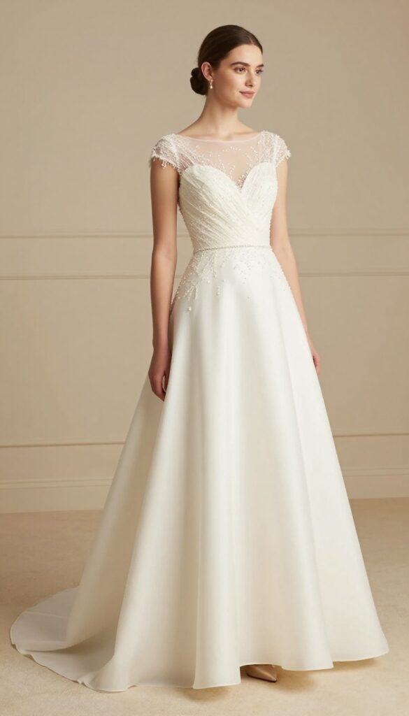 Woman in ballgown wedding dress with illusion neckline and beading, standing in neutral ballroom