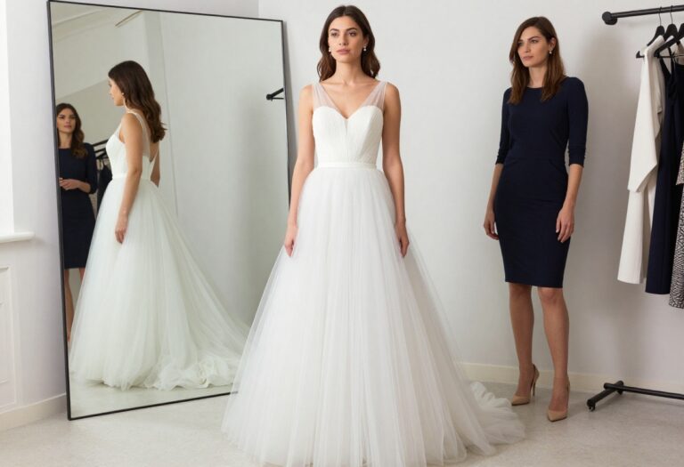 Modern wedding dress with detachable tulle skirt in a bright boutique