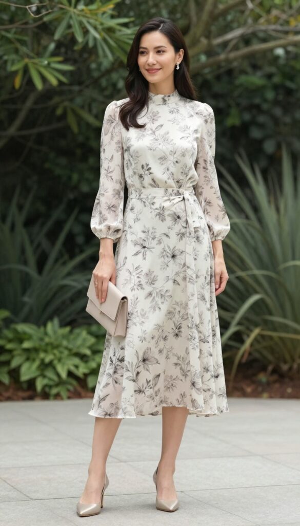 Woman in high-neck floral midi dress with low block heels and minimal jewelry in a garden
