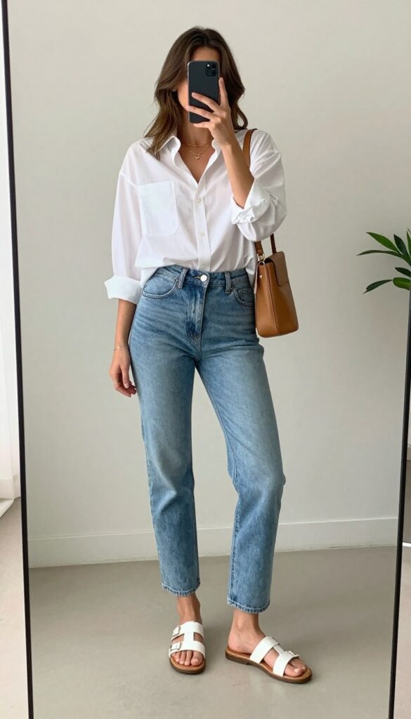 A woman in relaxed light-wash jeans and an oversized white button-down shirt, taking a mirror selfie while holding a phone, wearing white sandals and a crossbody bag in a bright, airy room.