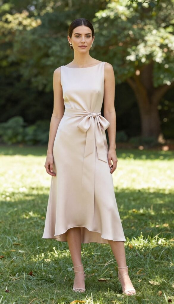 Woman in low-back satin wedding dress with bow detail, pearl earrings, nude heels, in garden