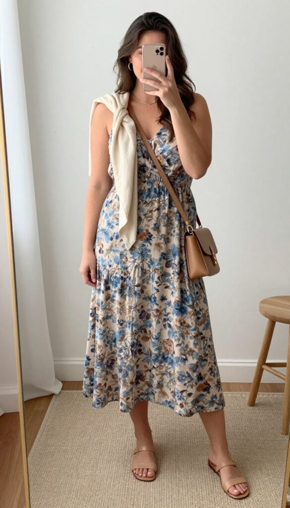 A curvy woman in a flowy floral midi dress with hidden nursing access, taking a mirror selfie in a bright, minimalist room. She wears flat sandals, a crossbody bag, and hoop earrings, with a scarf draped over her shoulder.