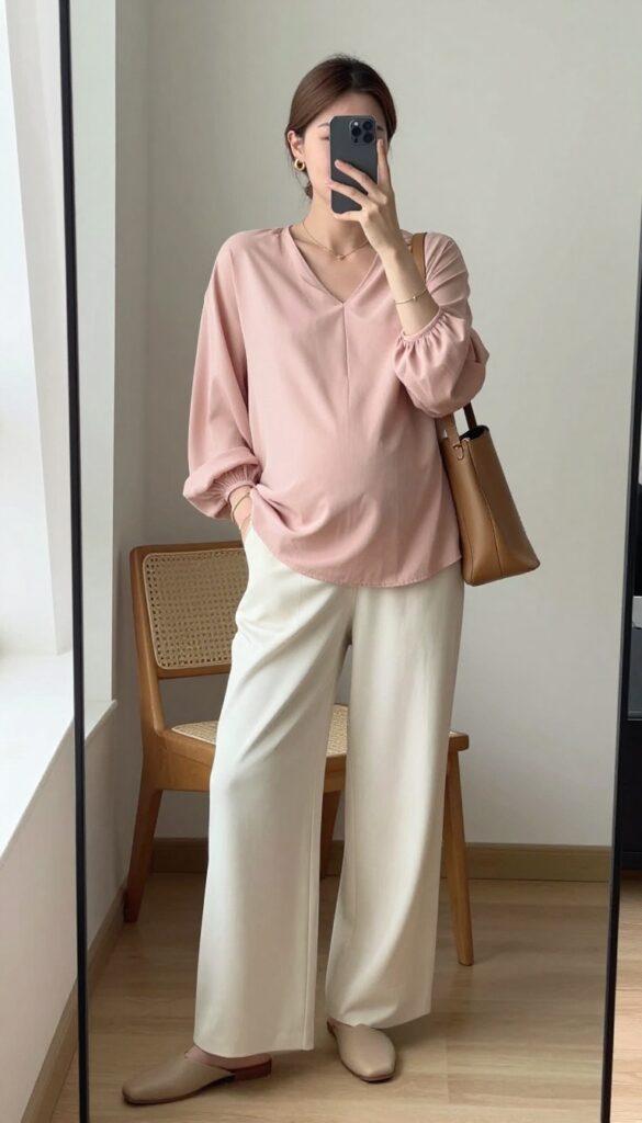 Pregnant woman in a mirror selfie wearing a loose blush blouse and high-waisted wide-leg cream pants with beige mules and a tan crossbody bag, in a bright room with natural light.