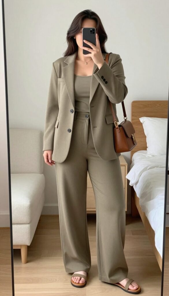 Model in a matching knit blazer and wide-leg pants set, taking a mirror selfie in a bedroom, partially covering her face with her phone.