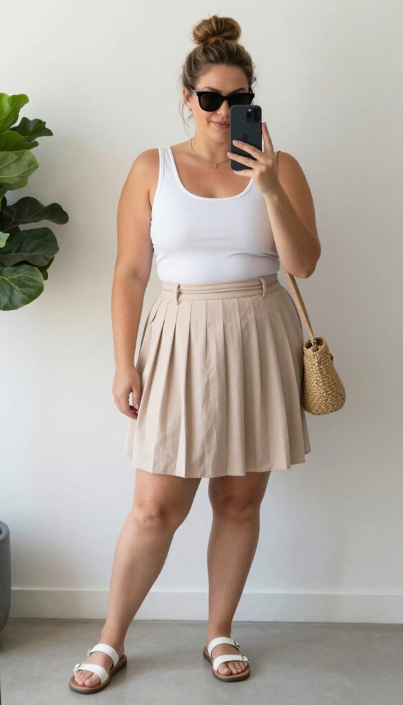 Plus-size woman in white tank top and beige pleated midi skirt, wearing sandals and sunglasses, taking a mirror selfie in bright natural light.