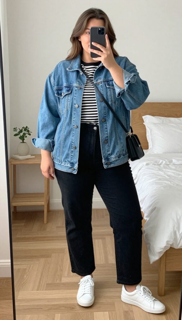 A woman in a light wash denim jacket, black jeans, and a striped top, wearing white sneakers, posing in a mirror selfie.