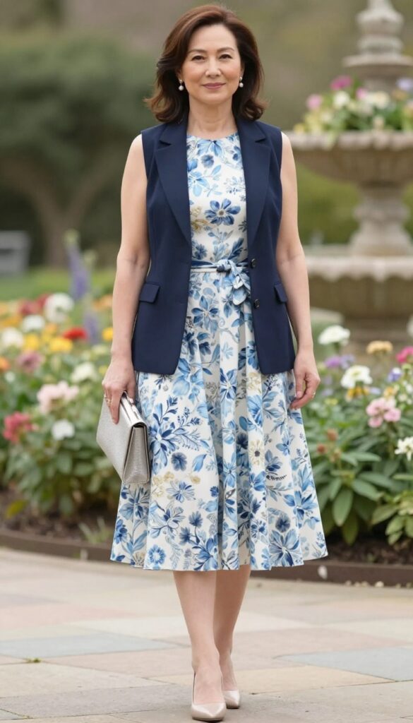 Woman in floral midi dress and navy jacket at garden wedding
