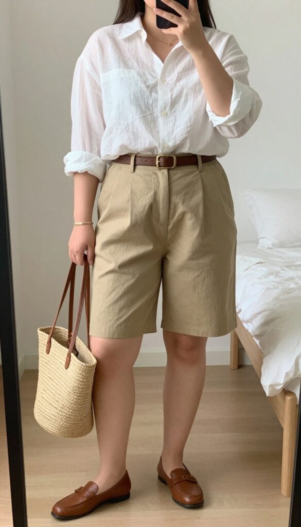 A woman in a white linen button-down shirt half-tucked into tailored khaki Bermuda shorts, wearing leather loafers and carrying a straw tote, standing in a bright office or outdoor setting.