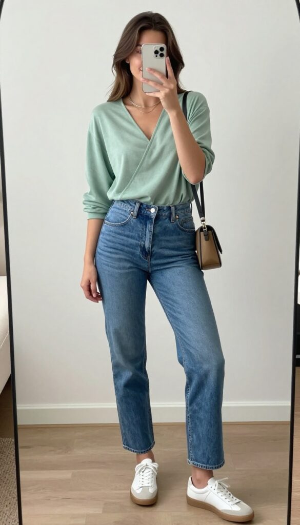 A woman taking a mirror selfie while wearing a soft wrap top and high-waisted straight-leg jeans, with white sneakers and a small crossbody bag, in a bright, modern interior.