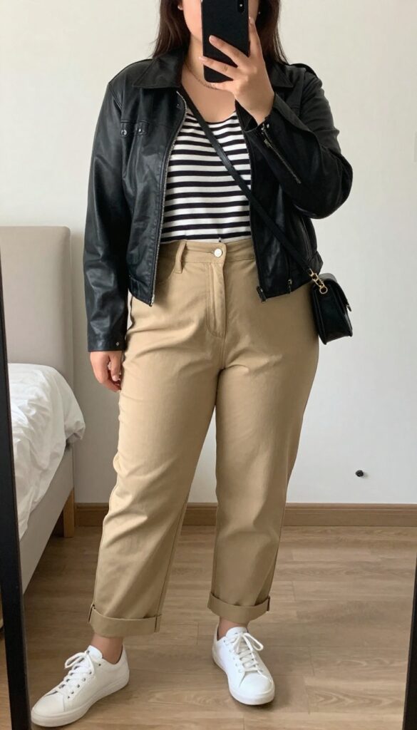 A woman in a black leather jacket, Breton stripe top, and khaki chinos, standing in front of a mirror taking a selfie with her phone partially covering her face.