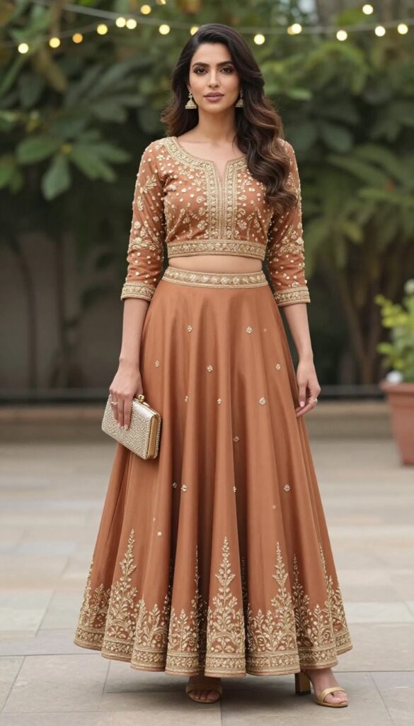 A young woman in a flowy rust lehenga and cropped blouse stands at an outdoor evening wedding venue, smiling with fairy lights in the background.