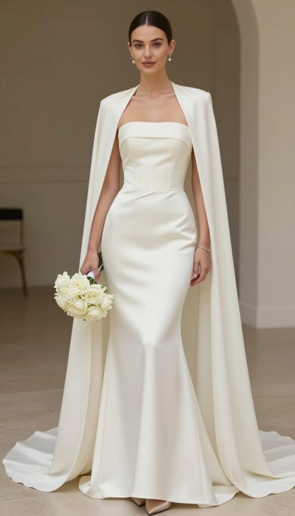 Bride in strapless mermaid wedding dress with dramatic train cape, standing in elegant ballroom with soft golden lighting, holding white rose bouquet.