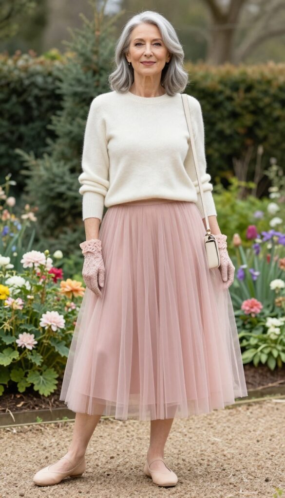 Older woman in blush pink tulle skirt and cream cashmere sweater with lace gloves, standing in garden