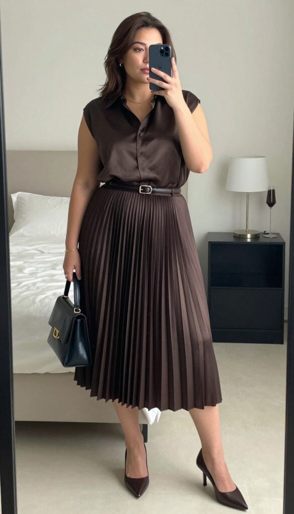 Woman in silk blouse and pleated midi skirt, business casual dinner outfit