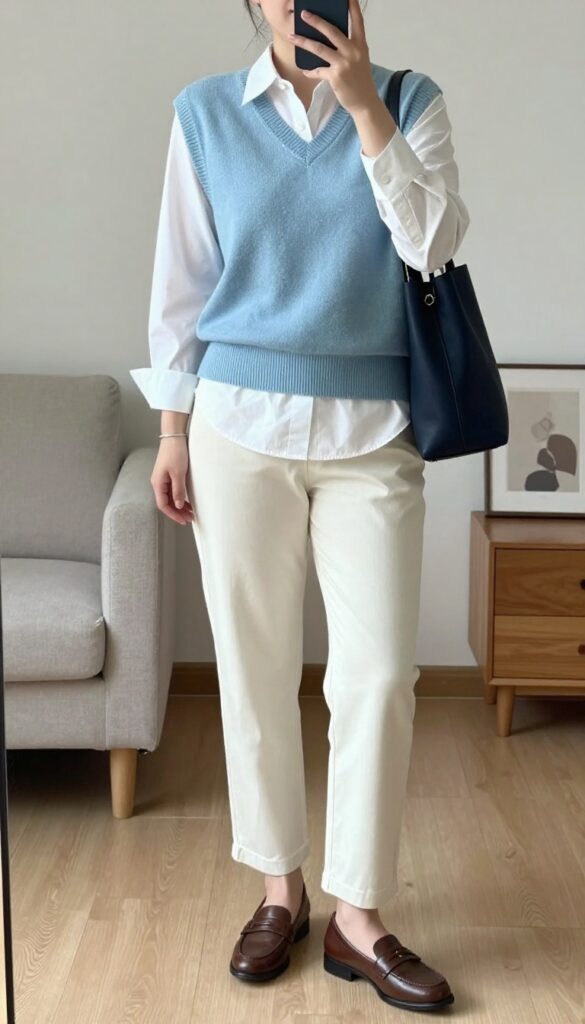 Woman in oatmeal sweater vest over white button-down shirt and straight-leg trousers, with loafers and tote bag, taking a mirror selfie in bedroom.