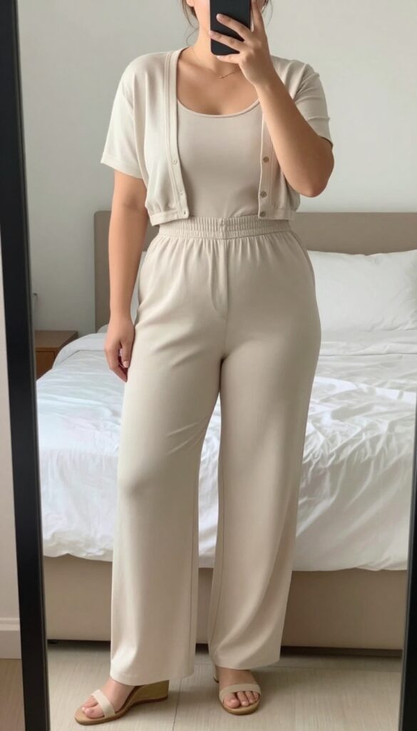 A woman in a navy wide-leg jumpsuit with a cinched waist, layered with a cream cropped cardigan, wearing wedge sneakers, standing in a bright office setting.