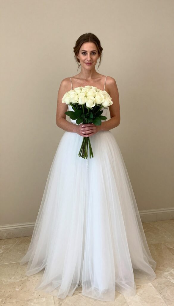 Woman in white ballgown with crystal belt in neutral ballroom