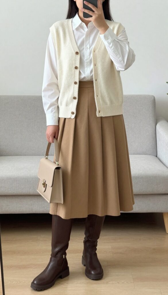 Woman in pleated skirt, button-down, and sweater vest, mirror selfie, bedroom setting, phone partially covering face.