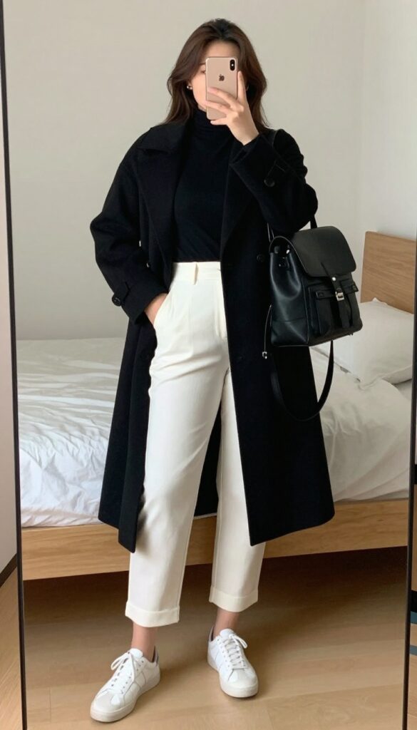 Black turtleneck and white cropped pants with white sneakers and black backpack, layered with a long black coat.