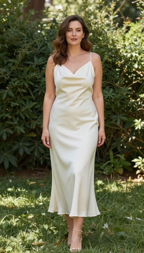 Curvy bride in minimalist cowl neck slip dress, satin ivory, gold jewelry, strappy block heels, sunlit garden