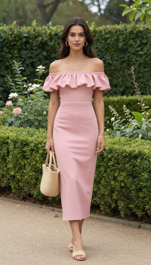 Woman in off-the-shoulder blush dress with woven heels and hoop earrings in garden